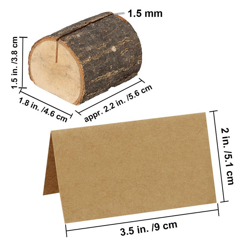 Supla 20 Pcs Rustic Wood Place Card Holders Wooden Table Numbers Holder Stand Wooden Bark Memo Holder Card Photo Picture Note Clip Holders and Kraft Place Cards Bulk Wedding Party Table Number Sign - Image 2